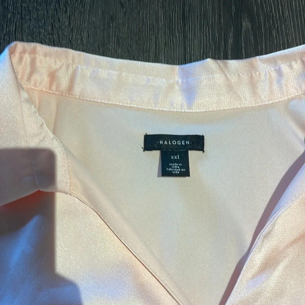 Halogen Light Pink Satin Faux Wrap Long Sleeve Shirt Dress - Picture 5 of 14
